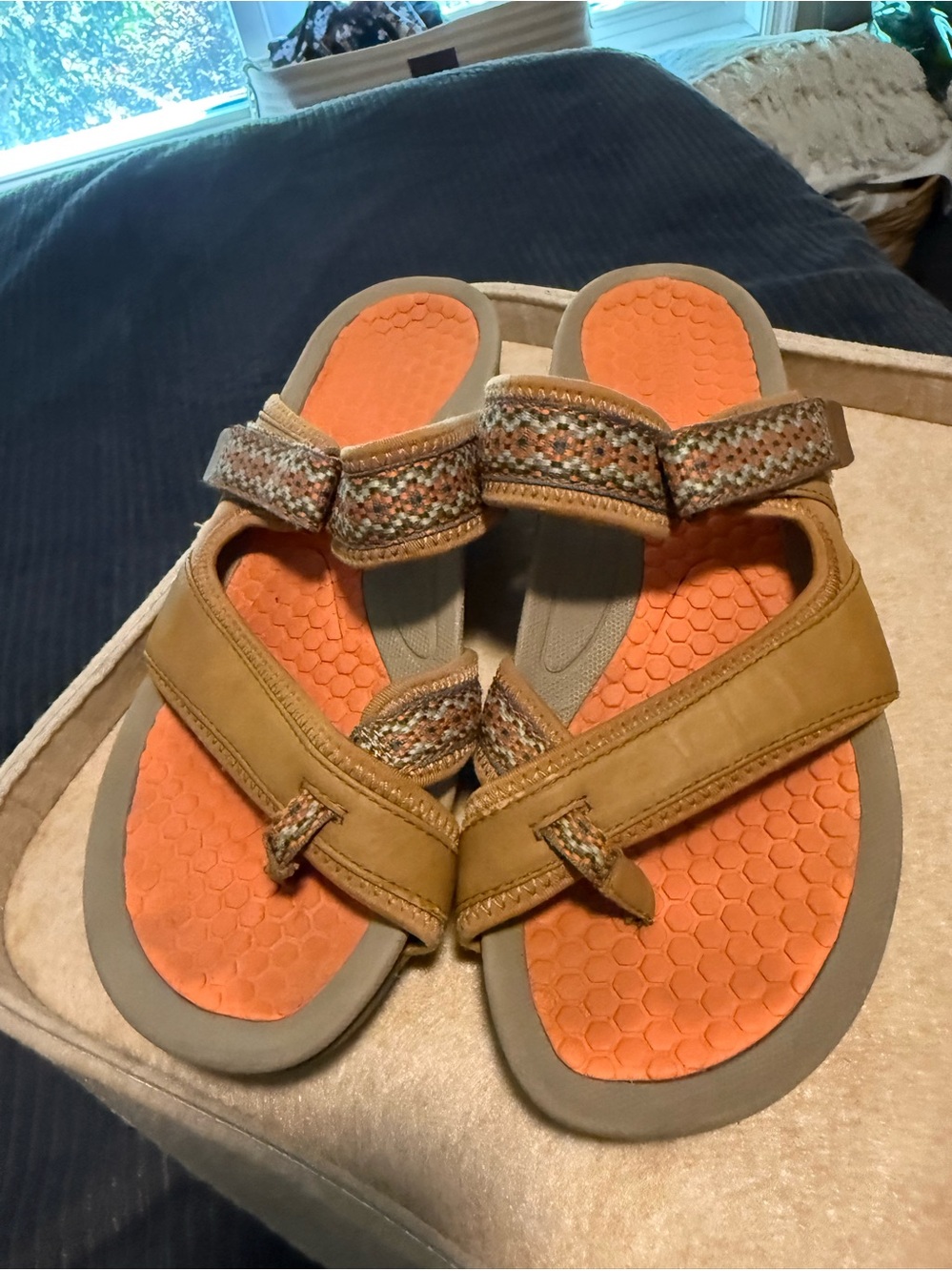 BareTraps Orange and Tan Woven Strap Sandals